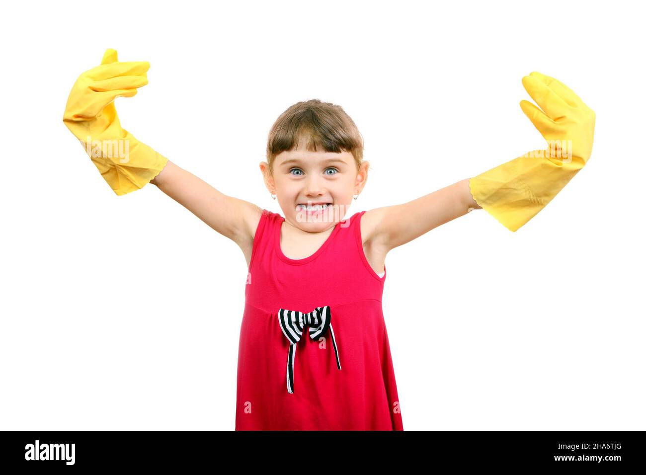 Cute Little Girl In Rubber Gloves Isolated On The White Background cute-little-girl-in-rubber-gloves-isolated-on-the-white-background