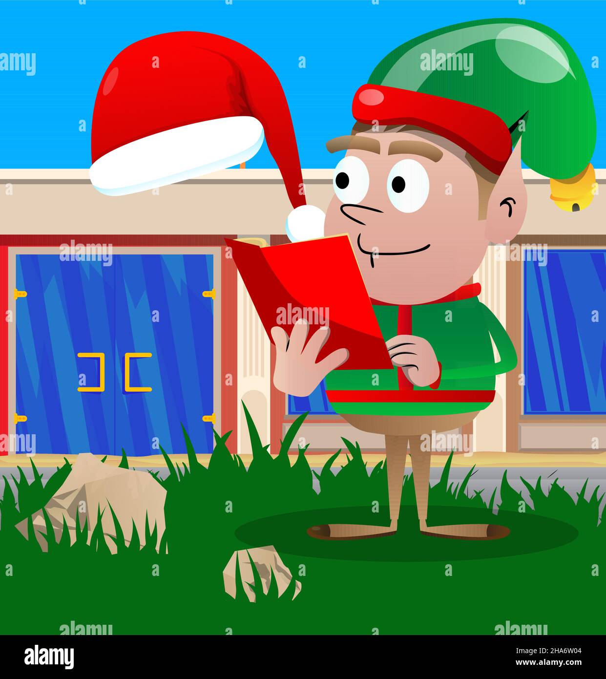 Christmas Elf reading a red book. Vector cartoon character illustration of Santa Claus's little worker, helper. Stock Vector