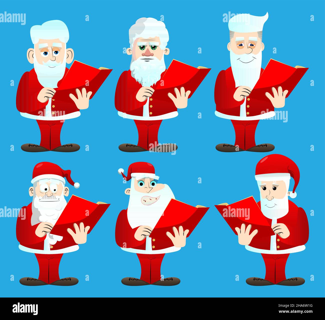 Santa Claus in his red clothes with white beard reading a red book ...