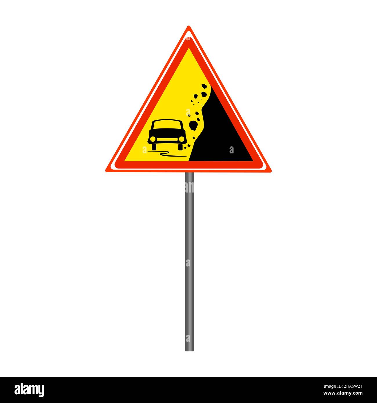 Warning falling rocks sign isolated on white background.Yellow triangle danger sign with car and stones landslide silhouette.Stock vector illustration Stock Vector