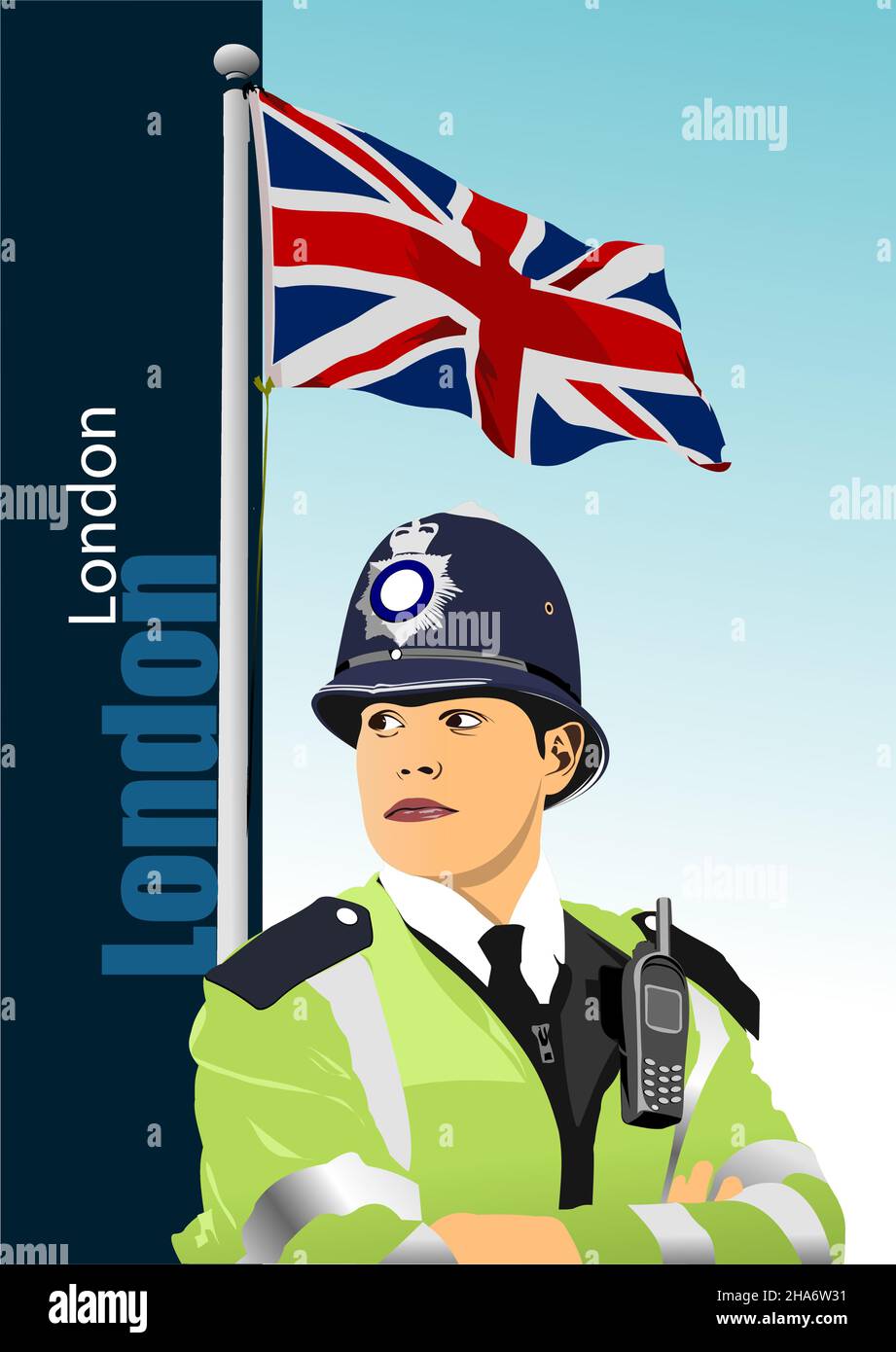 Policewoman with walkie-talkie radio on England flag background. Vector 3d illustration Stock Vector