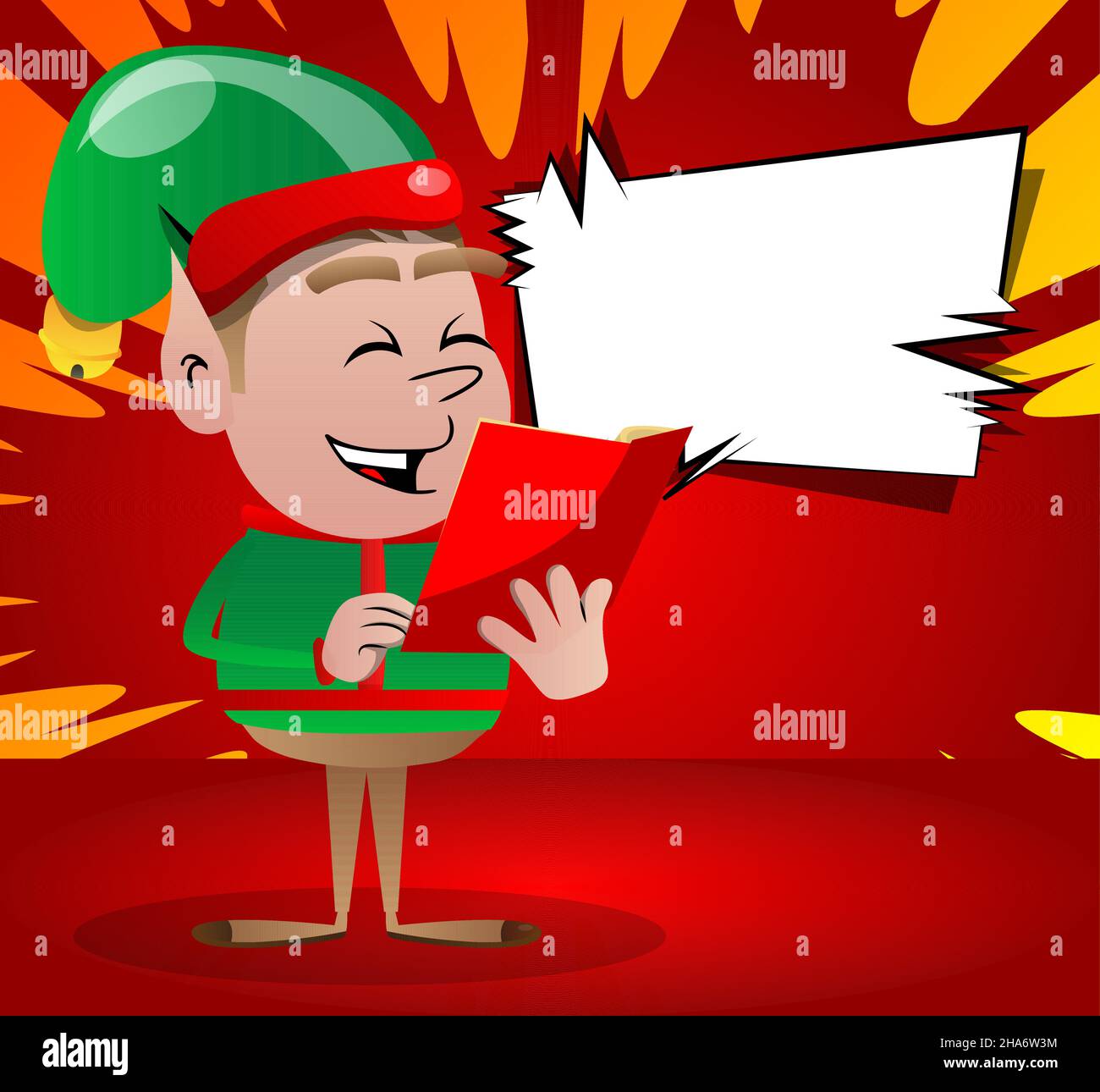 Christmas Elf reading a red book. Vector cartoon character illustration of Santa Claus's little worker, helper. Stock Vector