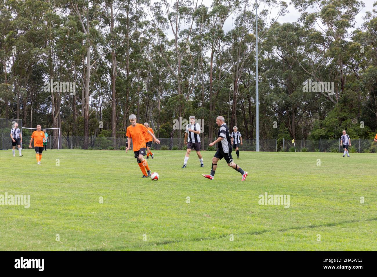 Sydney,Australia mens amateur grassroots football soccer game for over 55's age group, played on grass Stock Photo