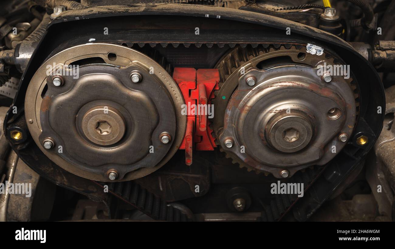 Installed new timing belt and locked camshafts of a passenger car