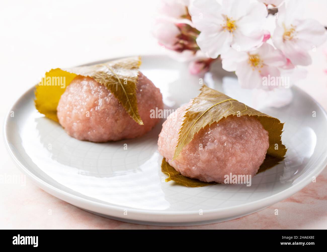 rice cake with bean paste wrapped in a preserved cherry leaf.Japanese ...
