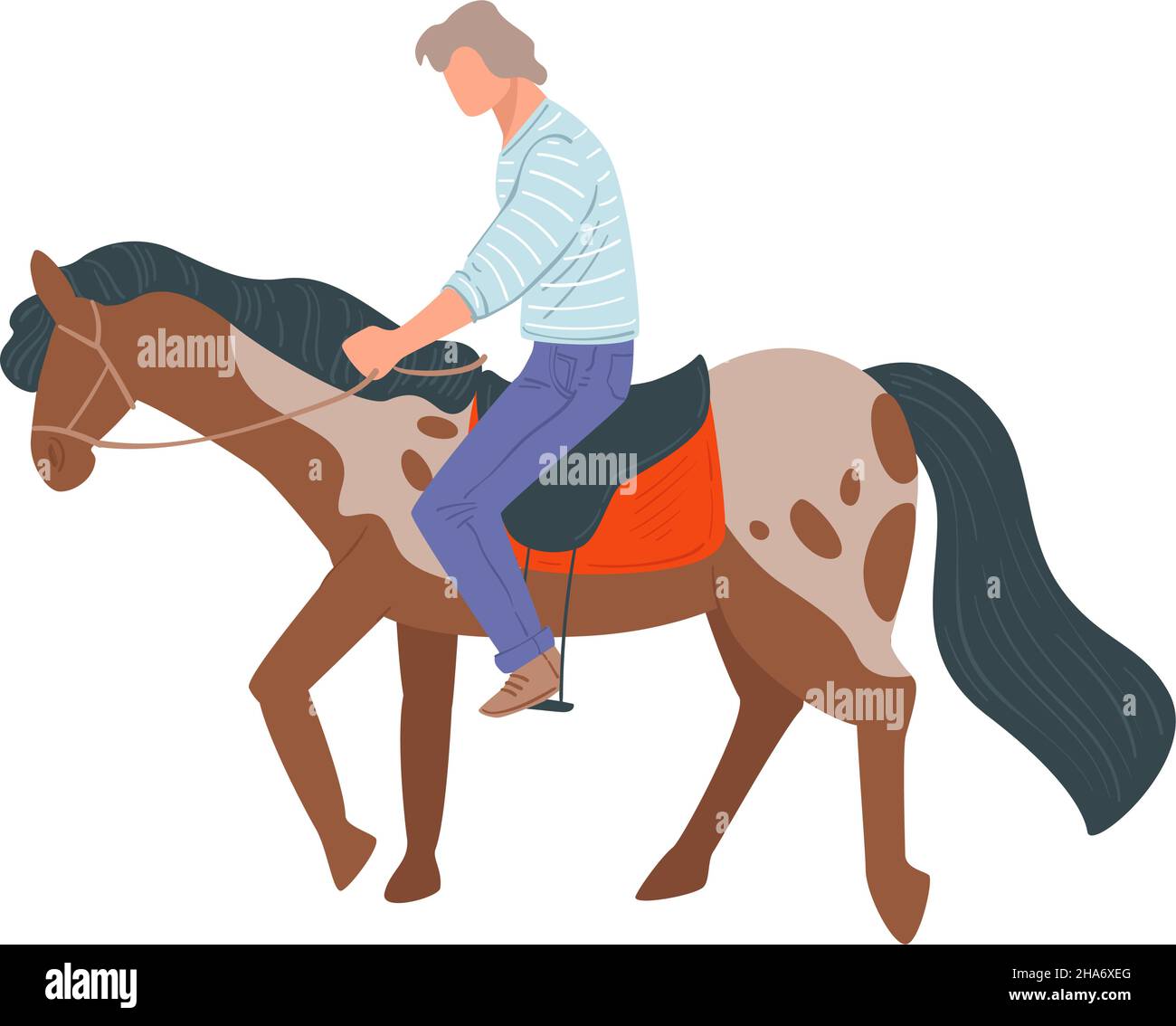 Male character on horseback training or learning to ride. Senior man in saddle preparing for sportive competition. Hobby or relaxation for personage. Stock Vector