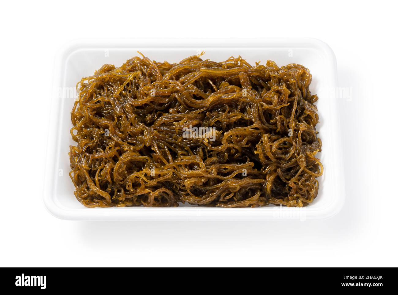 Mozuku in a food tray on a white background.Mozuku is an Okinawan