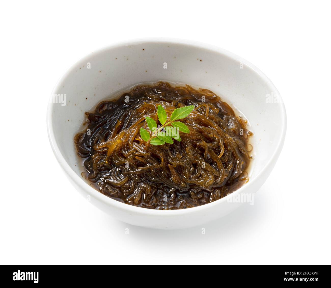 Mozuku seaweed placed on a white background.Mozuku is an Okinawan