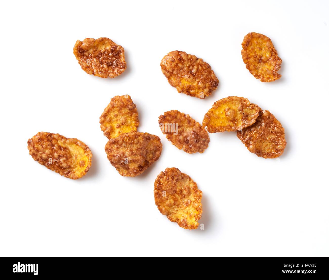 Chocolate cornflakes placed on a white background. View from directly above. Stock Photo