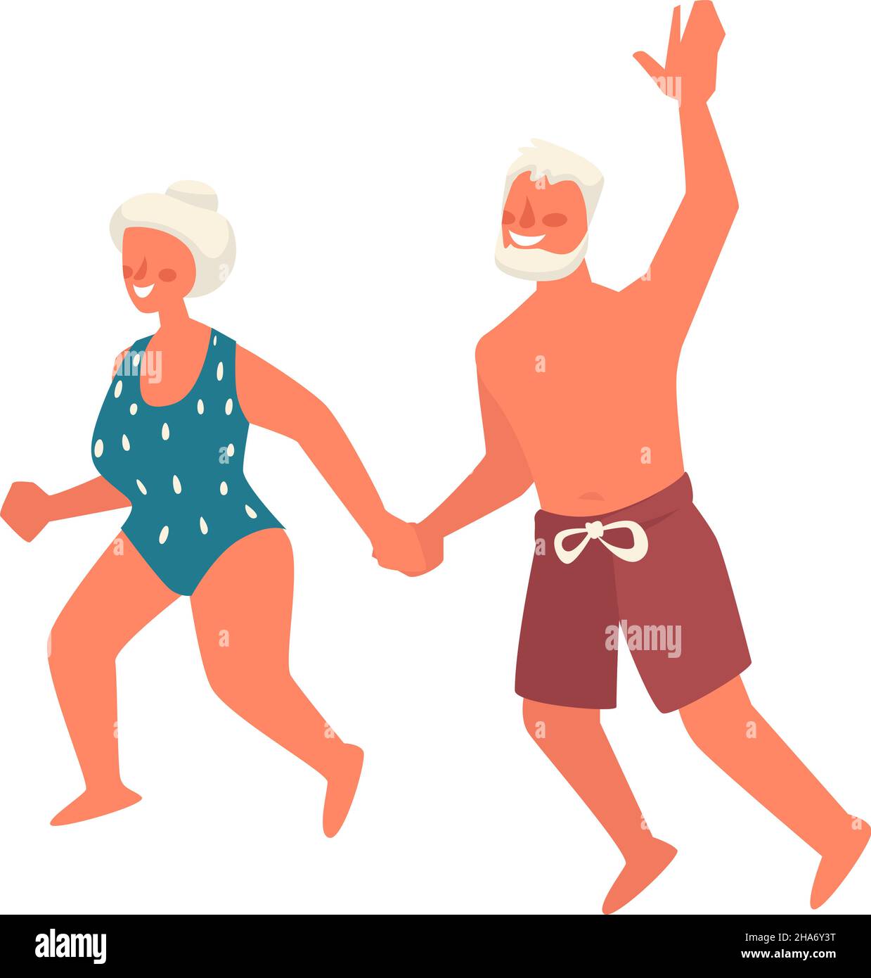Elder man and woman on vacation enjoying summer holidays. Senior people wearing swimsuits running and having fun. Seaside and rest by ocean shore, gra Stock Vector