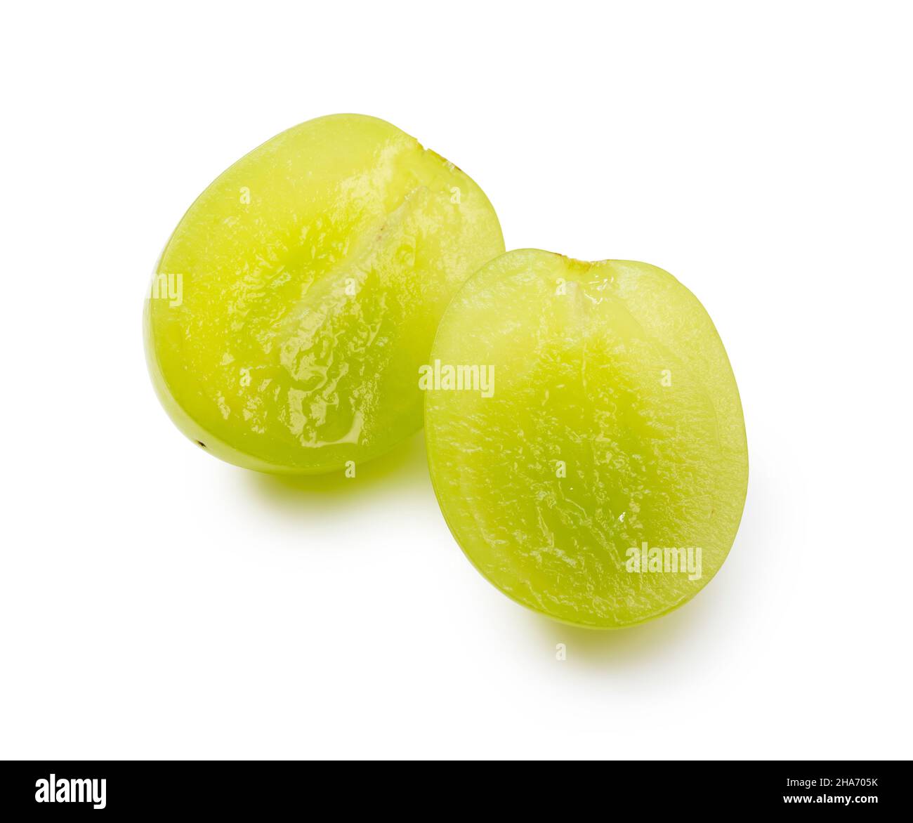 Grains of cut Schein Muscat grapes on a white background. White grapes