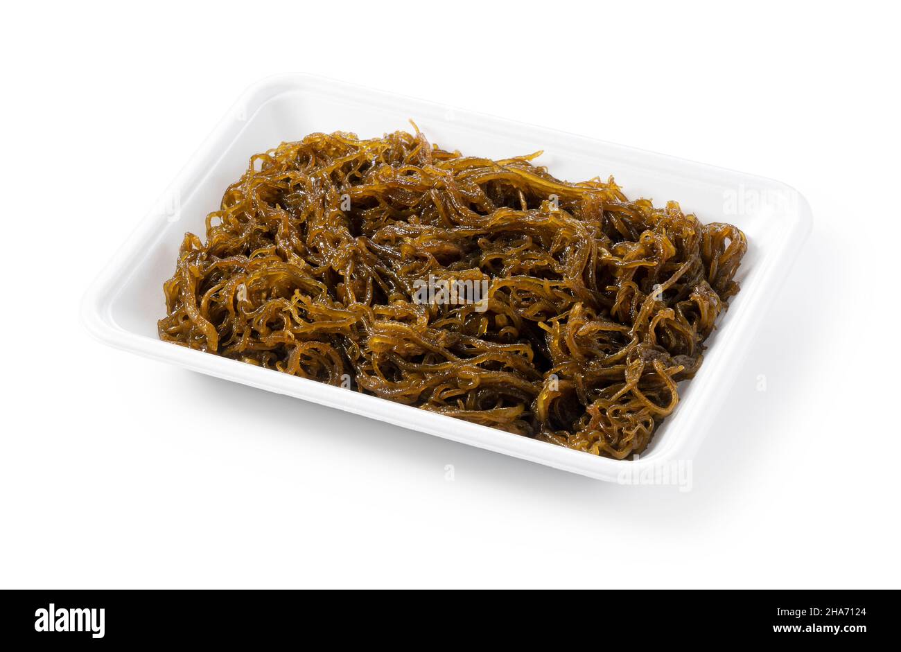 Mozuku in a food tray on a white background.Mozuku is an Okinawan