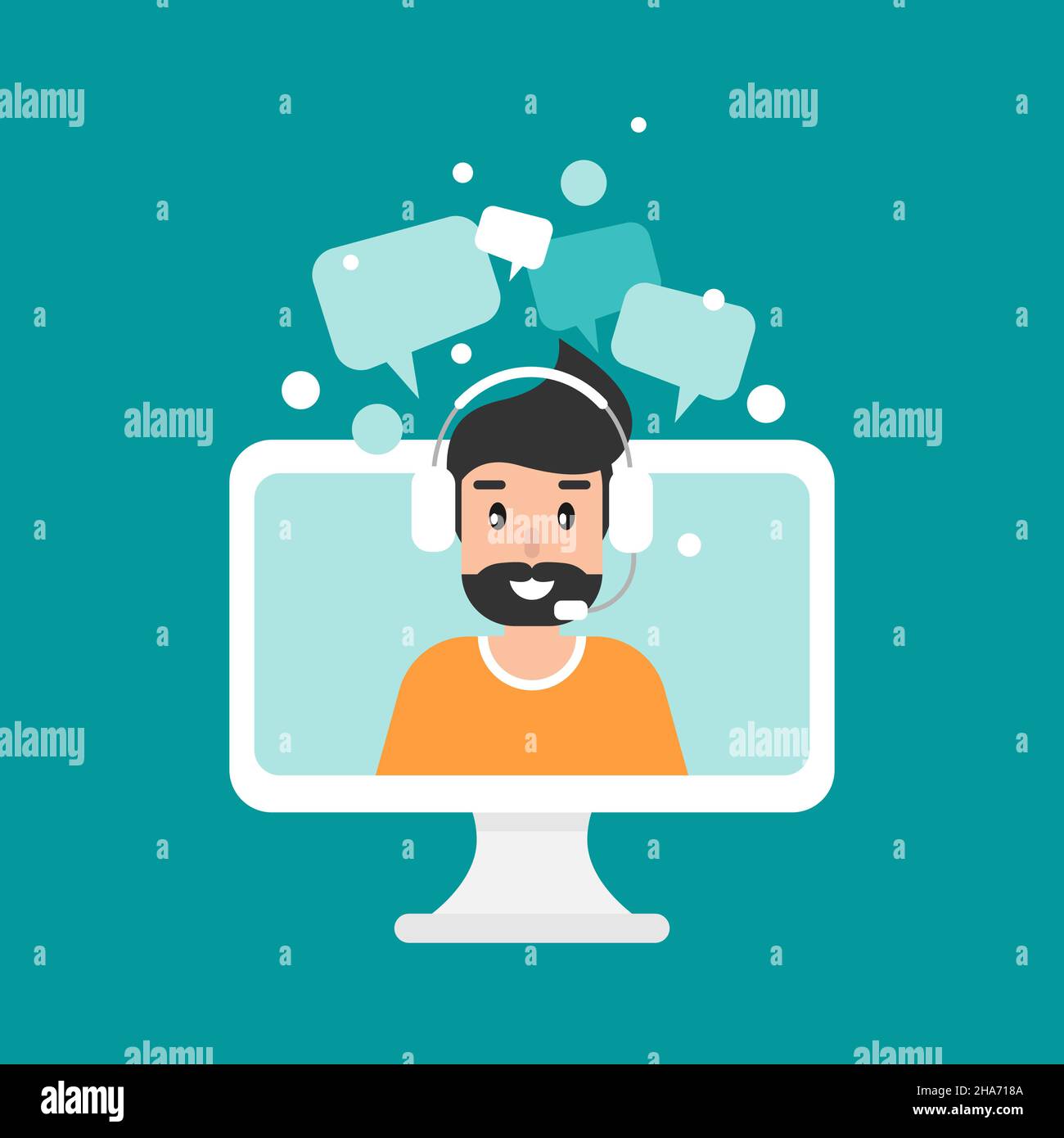 Man operator on computer screen with headphones and microphone. flat vector illustration on blue background. human with headset on laptop. consulting, Stock Vector