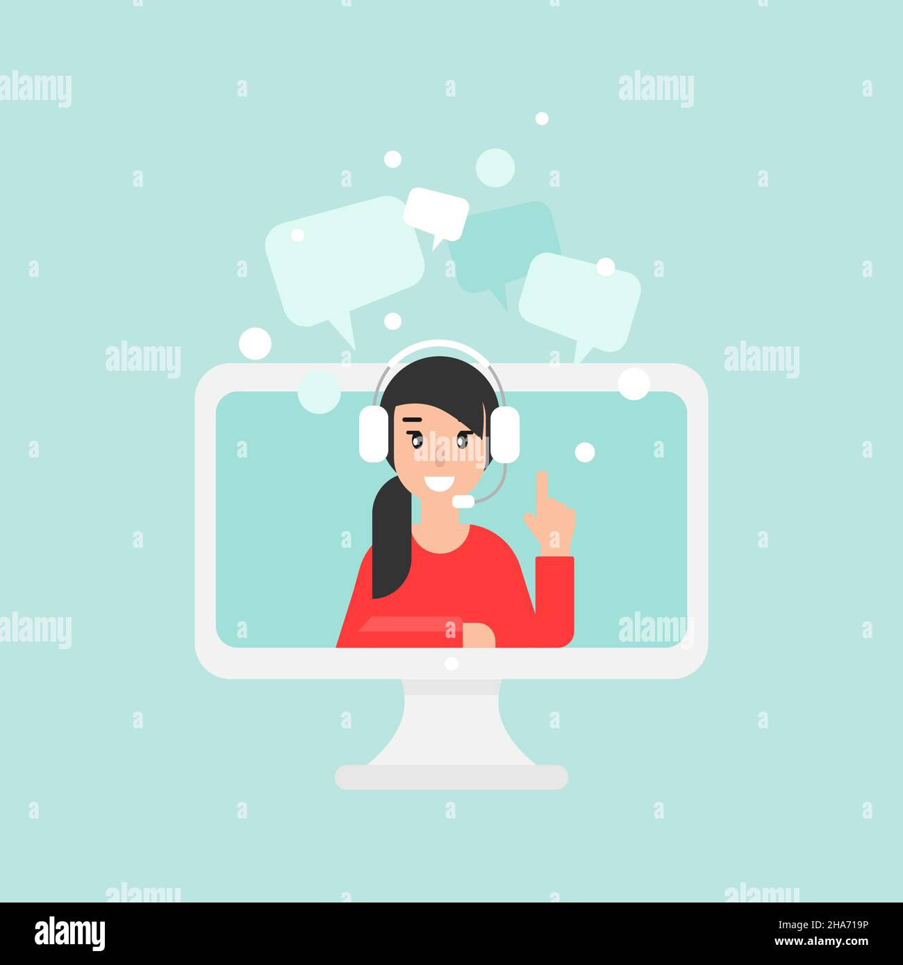 Happy operator on computer screen with headphones and microphone. flat ...