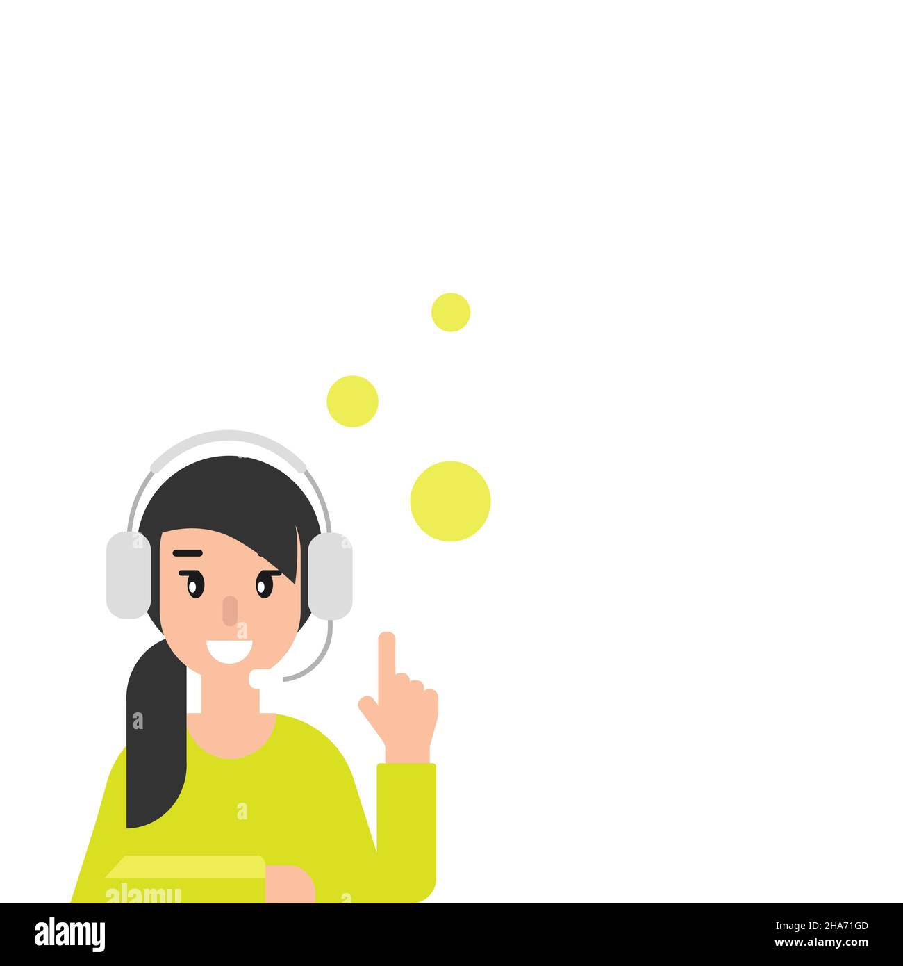 Happy operator with bubbles, headphones and microphone. flat vector illustration on white background. girl with headset. consulting, job online, inter Stock Vector
