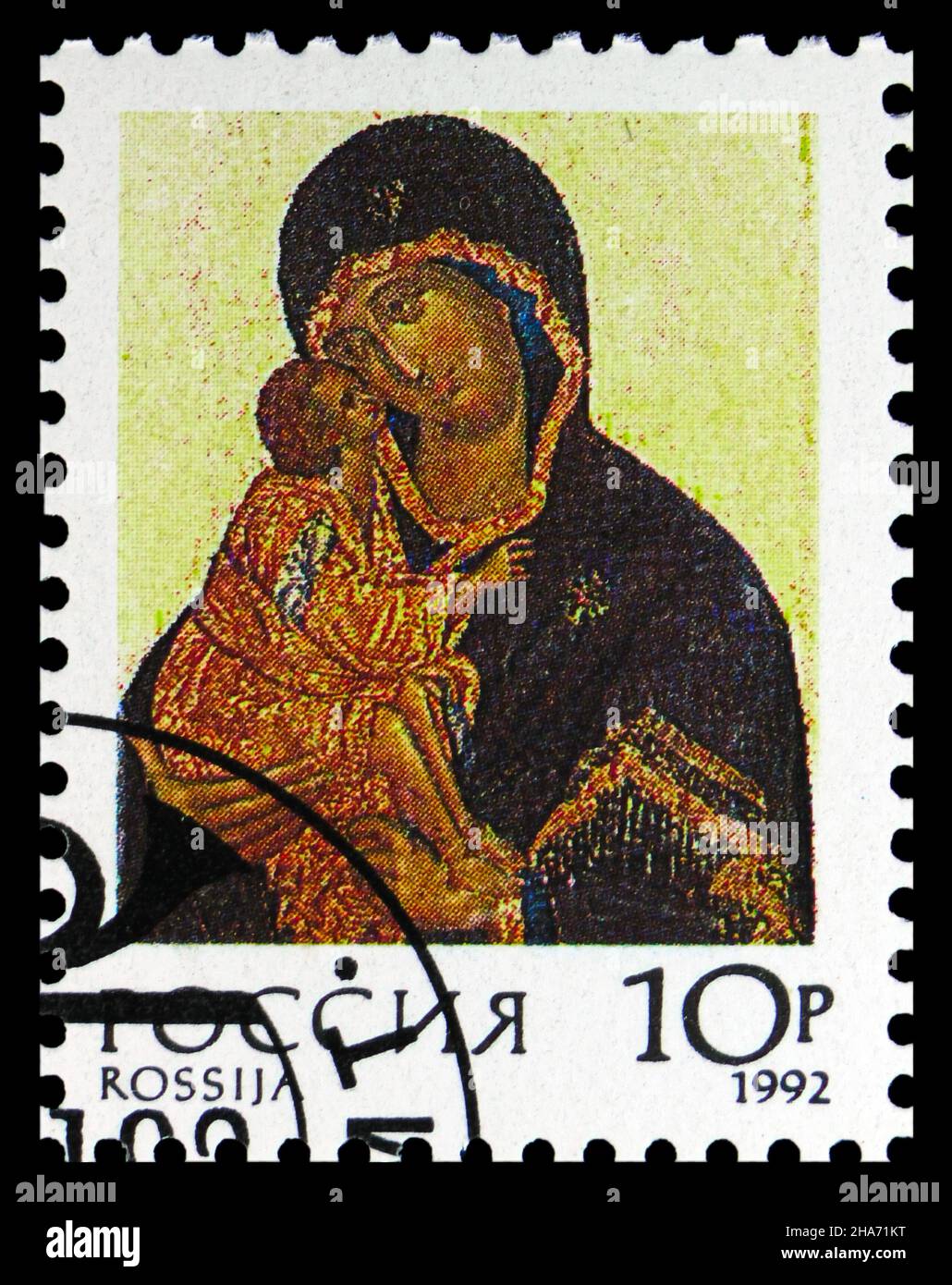 MOSCOW, RUSSIA - NOVEMBER 4, 2021: Postage stamp printed in Russia shows Madonna and Child, Tretyakov Gallery (14th c.), Russian Religious Icons serie Stock Photo