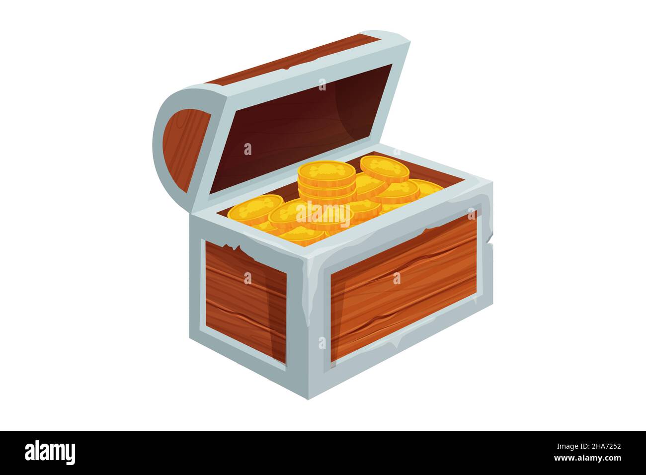 Treasure chest full of golden coins in cartoon style isolated on white background. Game asset, ui. Open wooden textured object. Vector illustration Stock Vector