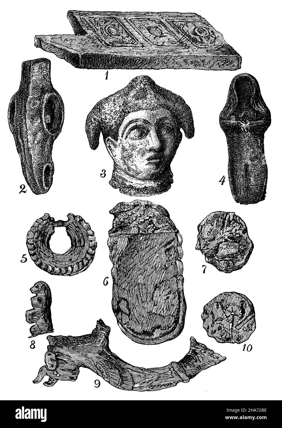 Babylonian antiquities. 1 door sill from Nebuchadnezzar's palace, 2 & 4 axes, 3 stone head, 5 silver ornament, 6 stone with sphinx-like figure, 7 & 10 coin (front and back), 8 figure of a monkey, 9 silver handle from drinking vessel., ,  (art history book, 1887) Stock Photo