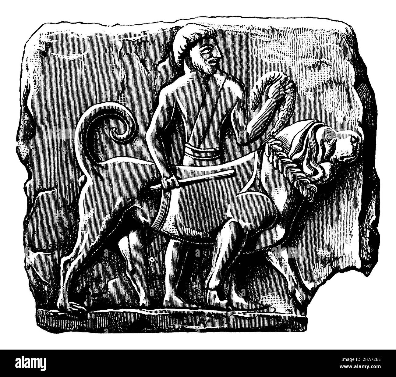 Servant with dog. New Babylonian terracotta plate. After Maspero, ,  (art history book, 1900) Stock Photo