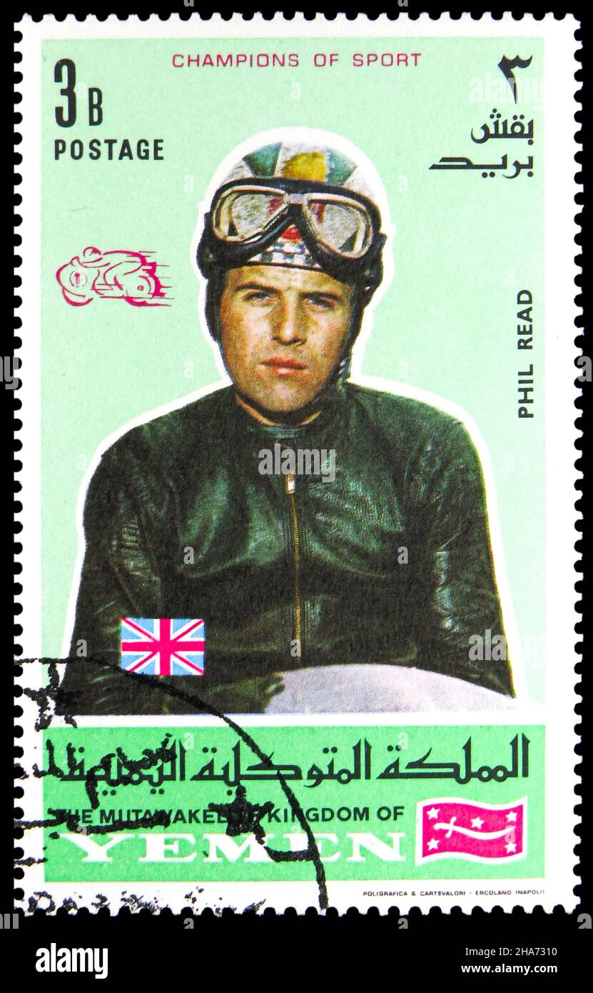 MOSCOW, RUSSIA - NOVEMBER 4, 2021: Postage stamp printed in Yemen shows Phil Read, Champions of Sport serie, circa 1969 Stock Photo