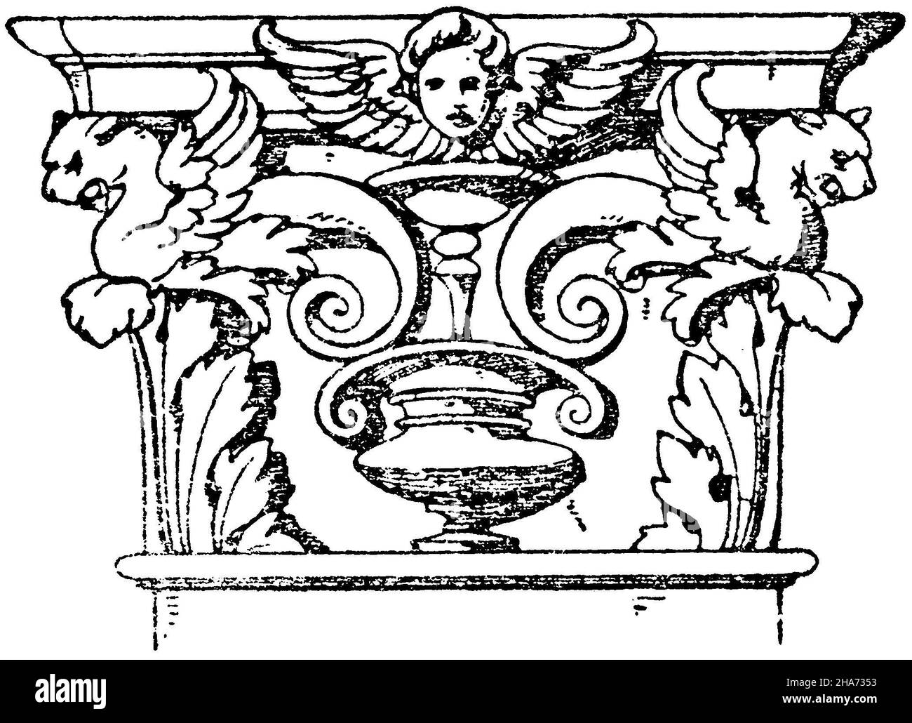 Corinthian pilaster capital. Italian Renaissance. Chapel of Palazzo vecchio in Florence. Carved in wood. (Pattern ornaments), , ML (pattern book, ) Stock Photo
