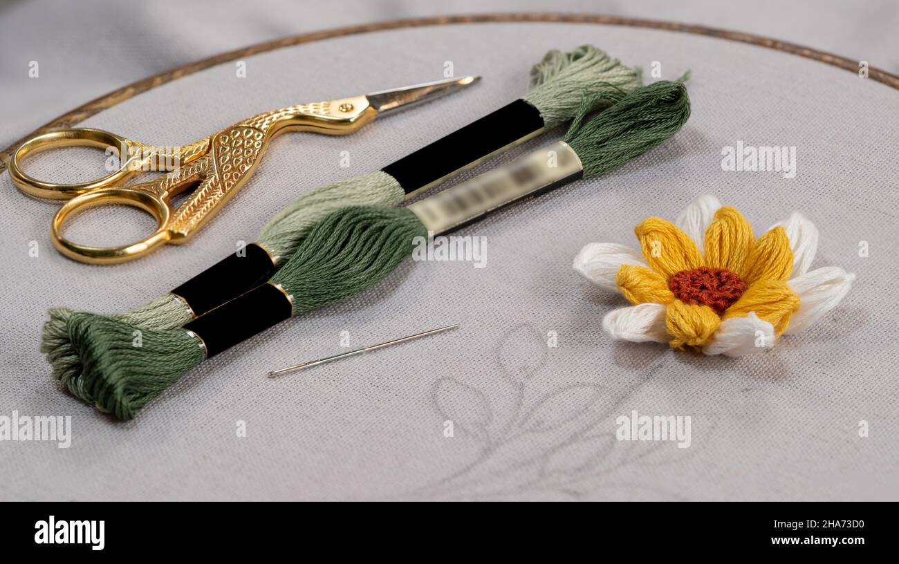 Embroidery with hand stitching flower scissors needle and floss threads Stock Photo