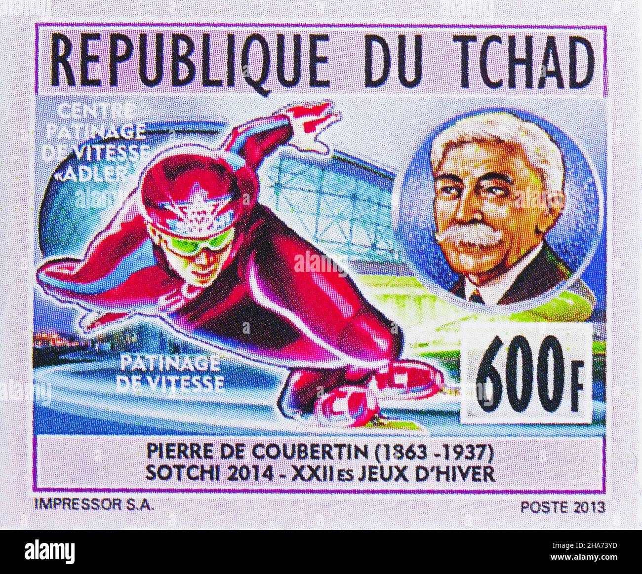 MOSCOW, RUSSIA - NOVEMBER 4, 2021: Postage stamp printed in Chad shows Short track speed skating, Winter Olympic Games 2014, Adler,center,serie, circa Stock Photo