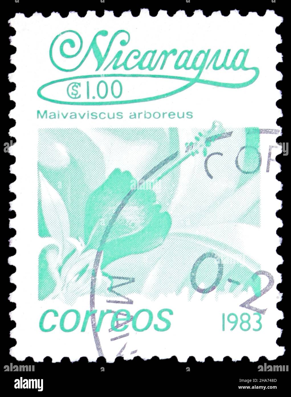 MOSCOW, RUSSIA - NOVEMBER 8, 2021: Postage stamp printed in Nicaragua shows Malvaviscus arboreus, Flowers serie, circa 1983 Stock Photo
