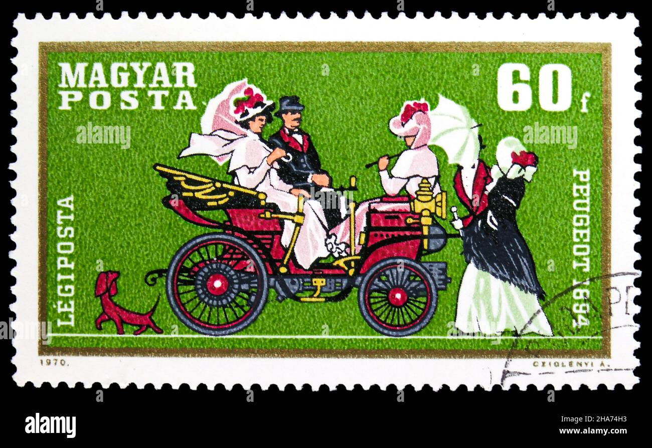 MOSCOW, RUSSIA - NOVEMBER 8, 2021: Postage stamp printed in Hungary shows Peugeot 1894, Airpost, Automobiles serie, circa 1970 Stock Photo