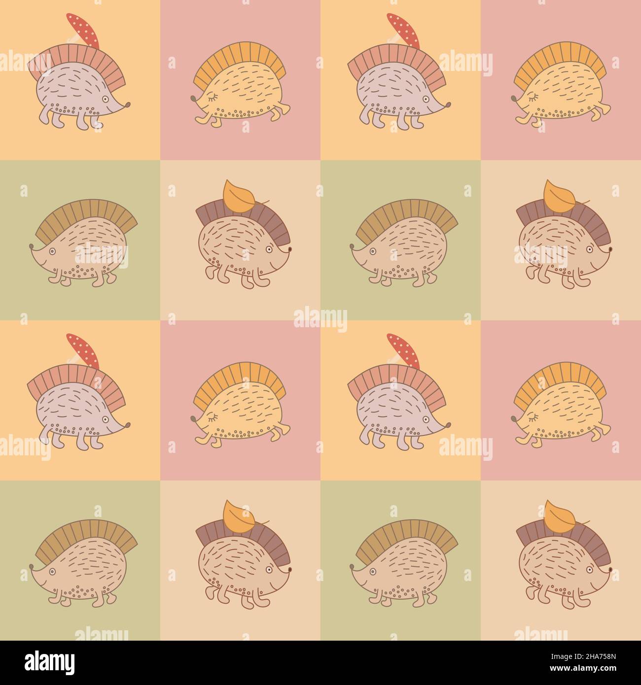 Checkered seamless pattern with hand drawn Hedgehogs. Stock Vector