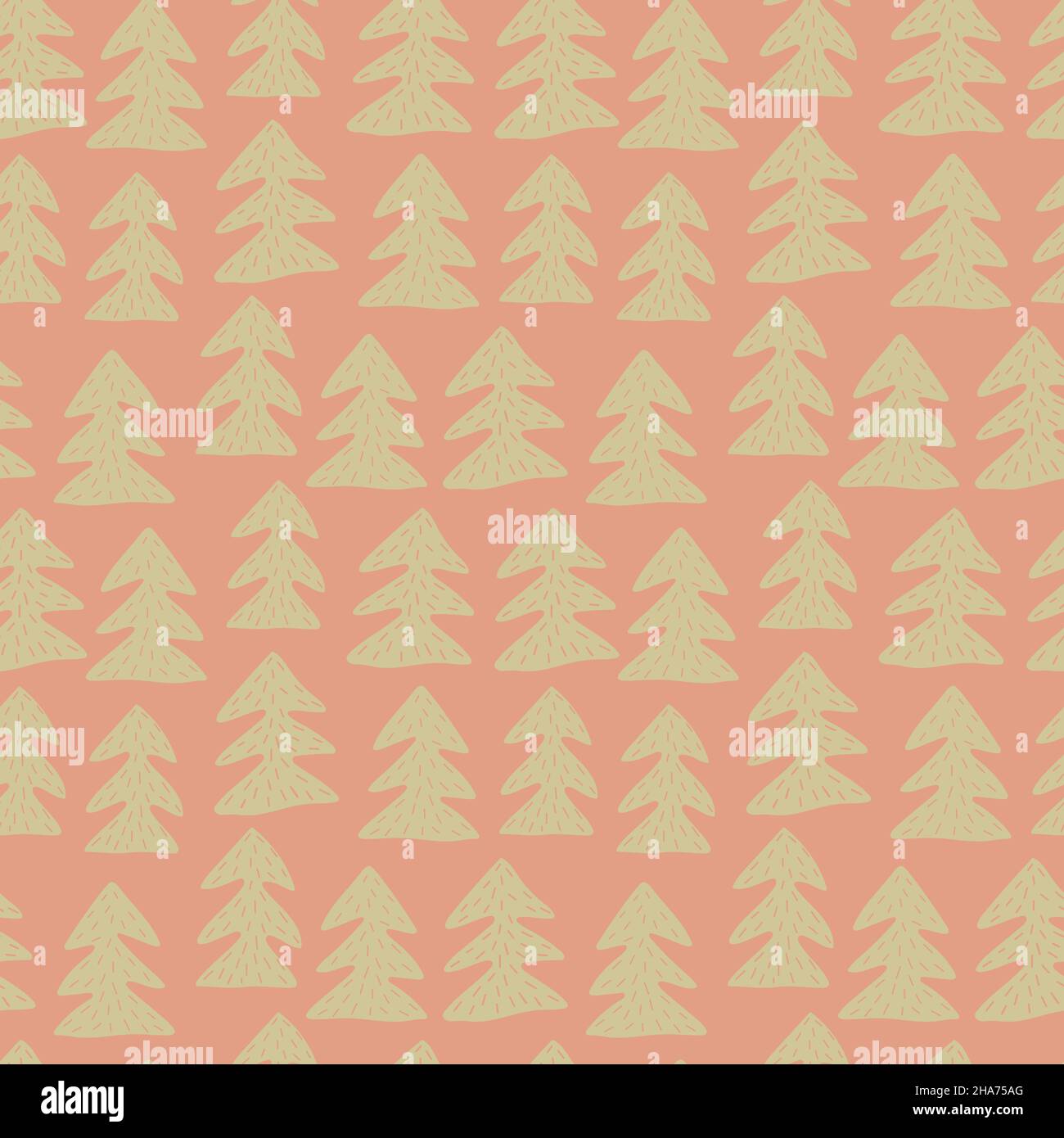 Fir tree seamless pattern on red background. Pastel decorative hand drawn vector. Stock Vector