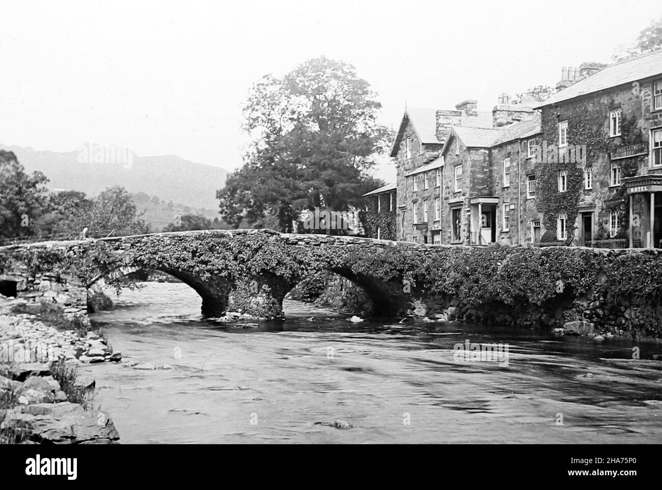 Beddgelert bridge and hotel, Wales, Victorian period Stock Photo