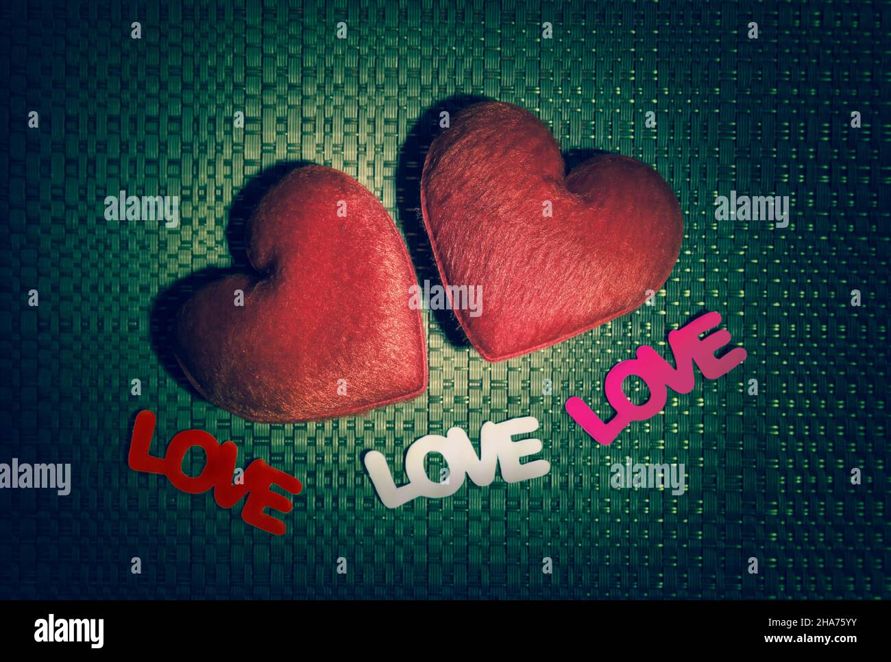 Two Red Hearts And Three Text "LOVE" On The Texture Background , Low ...