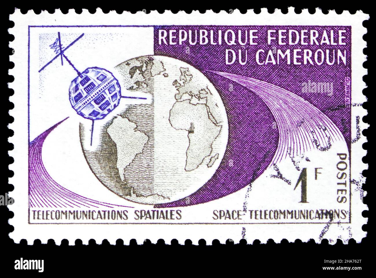 MOSCOW, RUSSIA - NOVEMBER 8, 2021: Postage stamp printed in Cameroon shows Telstar and Globe, First TV Remote America to Europe by 'Telstar' serie, ci Stock Photo