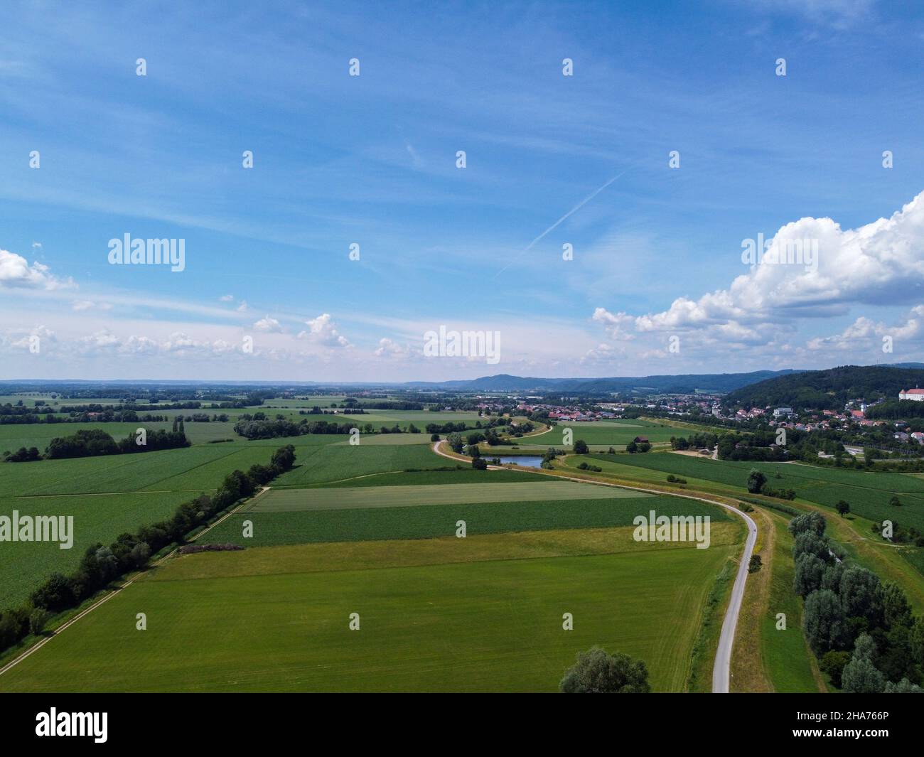 Aerial view of an agricultural field with grain planted in spring in ...