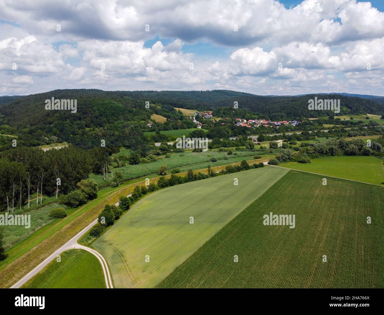 Aerial view of an agricultural field with grain planted in spring in ...