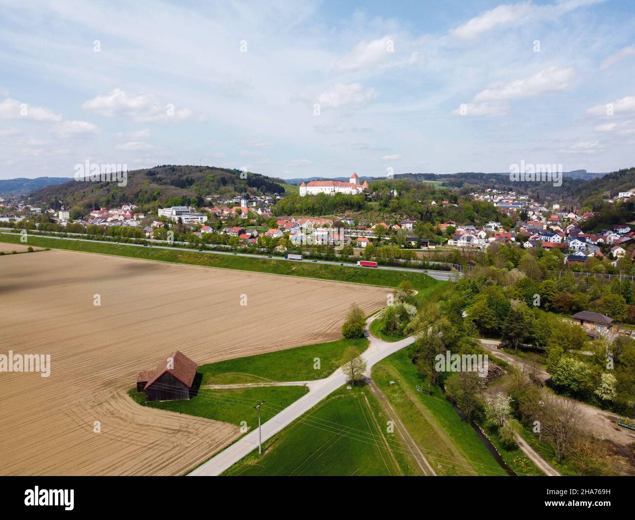 Aerial view of an agricultural field with grain planted in spring in ...