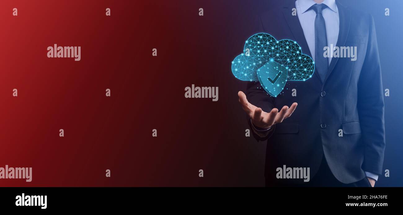 Cloud technology. Polygonal wireframe cloud storage sign with shield with a tick on dark blue. Cloud computing, big data center, future infrastructure Stock Photo
