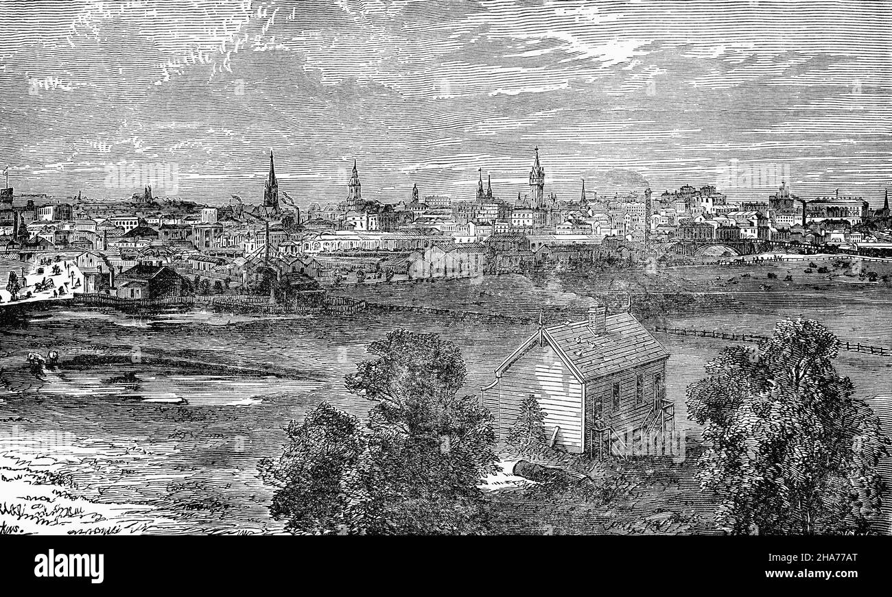 A late 19th Century illustration of Melbourne in the Australian state of Victoria. The discovery of gold in mid-1851 sparked a gold rush, and Melbourne, the colony's major port, experienced rapid growth and by 1865 had overtaken Sydney as Australia's most populous city. On 1 January 1901, Melbourne became the seat of government of the federated Commonwealth of Australia. The first federal parliament convened on 9 May 1901 in the Royal Exhibition Building, subsequently moving to the Victorian Parliament House, where it sat until it moved to Canberra in 1927. Stock Photo