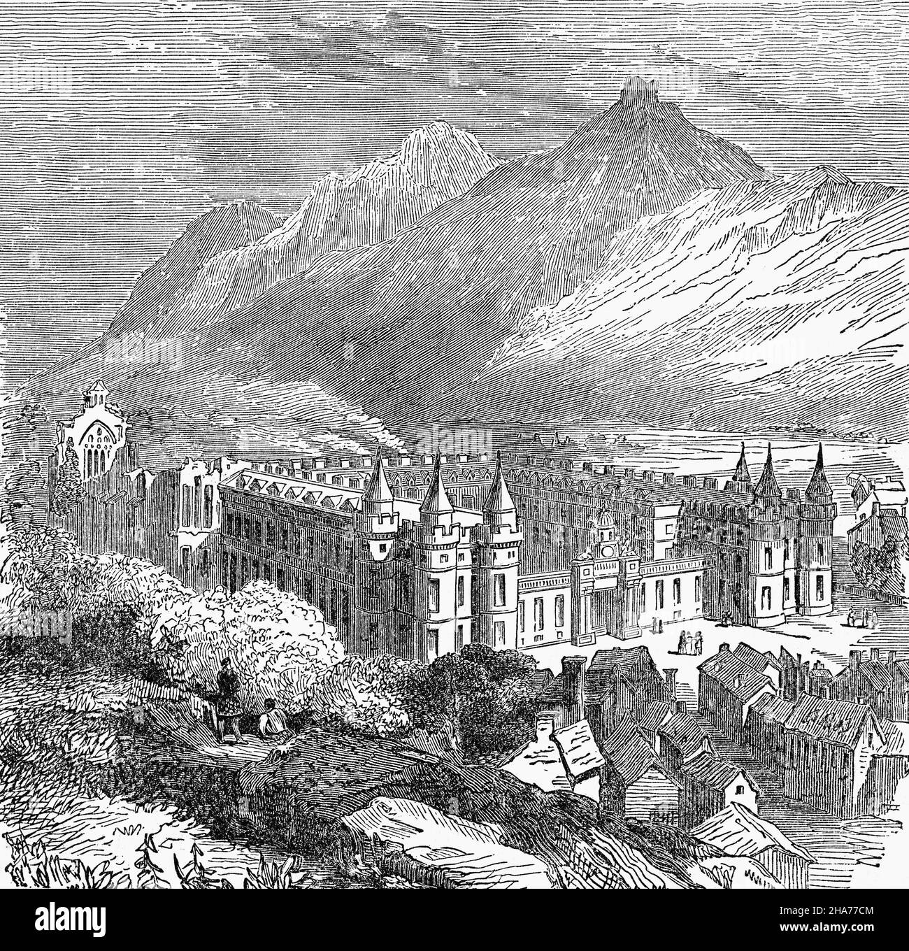 A late 19th Century illustration of the Palace of Holyroodhouse, aka Holyrood Palace, the official residence of the British monarch in Scotland. Located at the bottom of the Royal Mile in Edinburgh, at the opposite end to Edinburgh Castle, Holyrood House, designed by Sir William Bruce and built between 1671 and 1678, has served as the principal royal residence in Scotland and is a setting for state occasions and official entertaining. Stock Photo