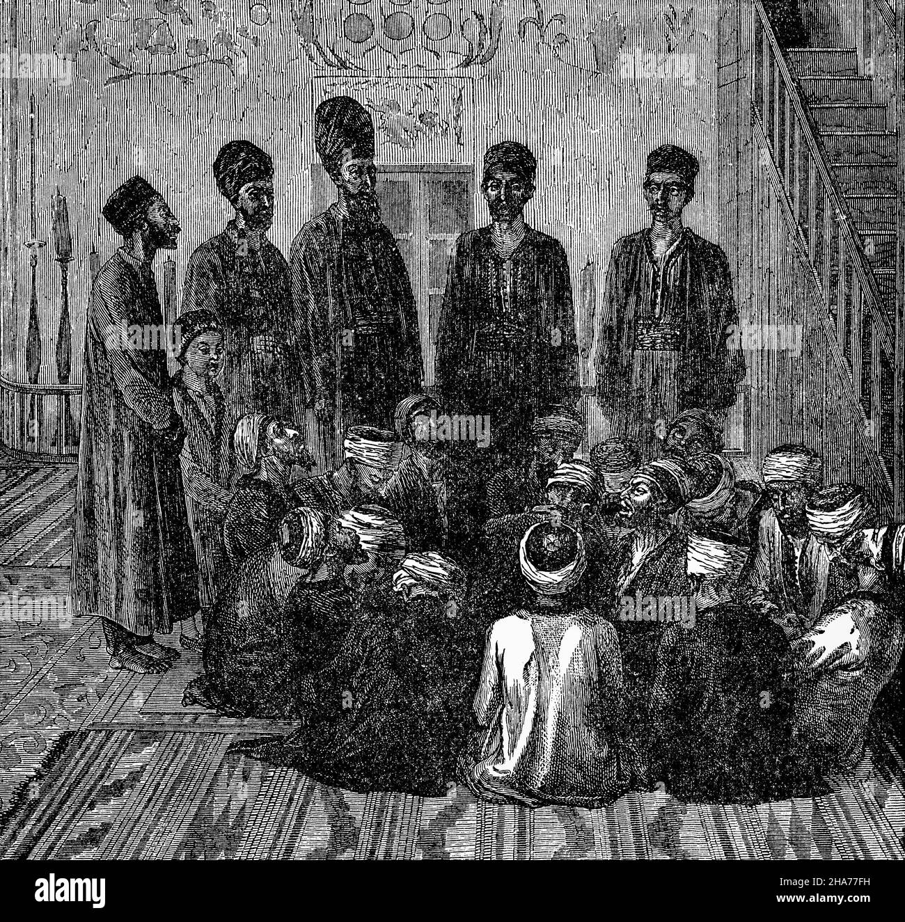 A late 19th Century illustration of a group of Dervishes Islamic members of a Sufi fraternity. The latter are mostly found in Persian and Turkish (Derviş), corresponding to the Arabic term faqir.Their focus is on the universal values of love and service, deserting the illusions of ego to reach God. In most Sufi orders, a dervish is known to practice dhikr through physical exertions or religious practices to attain the ecstatic trance to reach God. Stock Photo