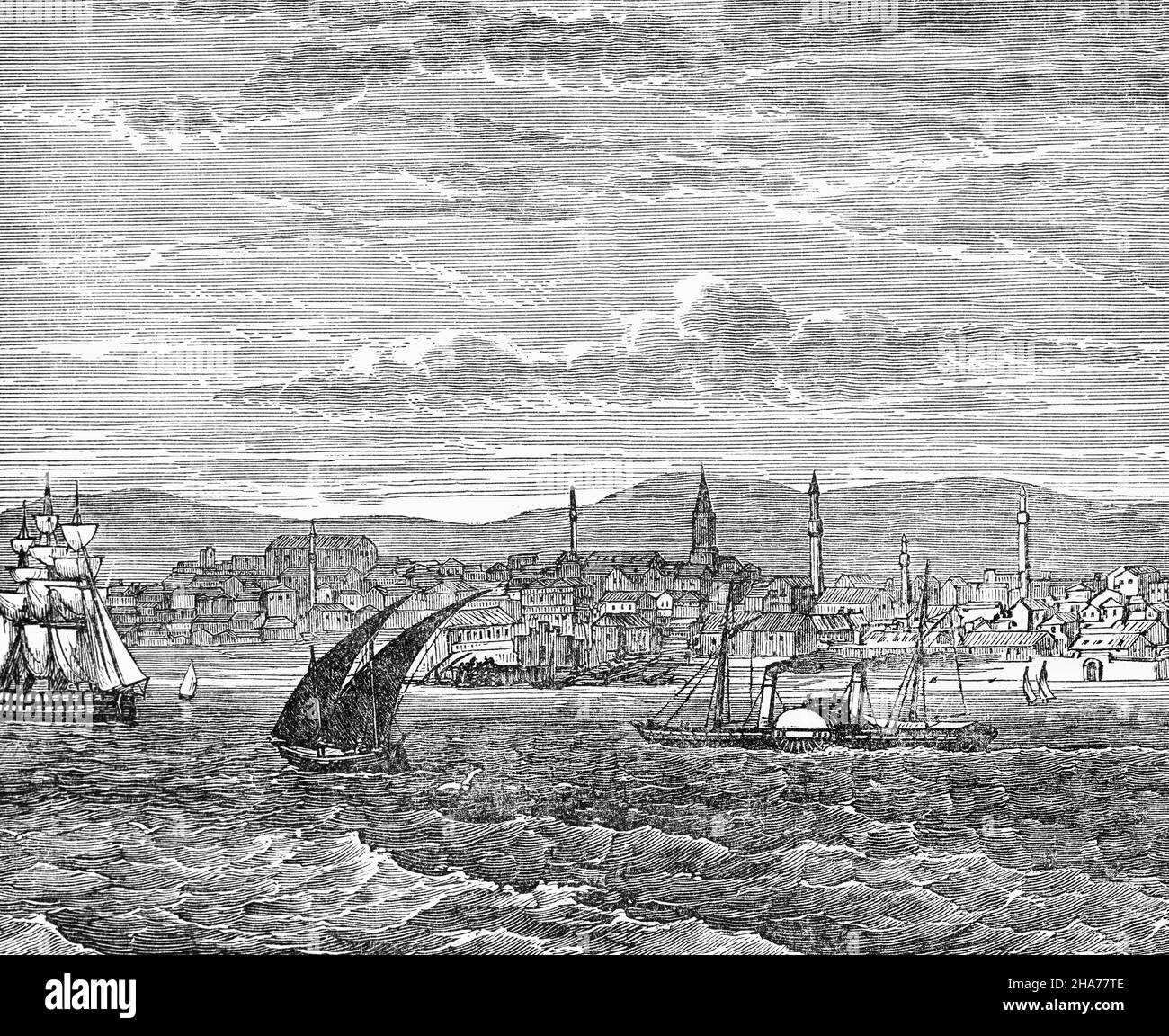 A late 19th Century illustration of Varna, the third-largest city in the Northern Bulgaria region on the Bulgarian Black Sea Coast in the Gulf of Varna. During the late Ottoman rule, the British and French campaigning against Russia in the Crimean War (1854–1856) used Varna as headquarters and principal naval base; many soldiers died of cholera and the city was devastated by a fire; later to become the nation's principal port of export. Stock Photo