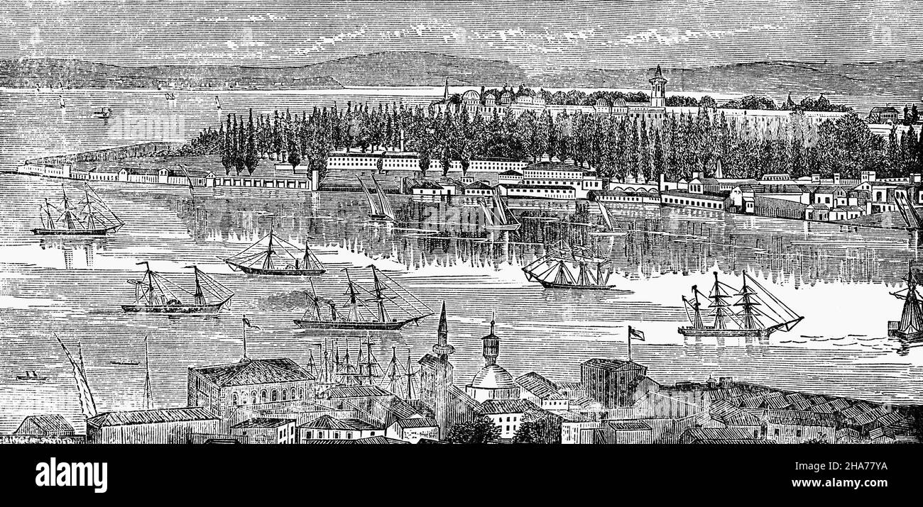 A late 19th Century illustration of Seraglio Point, a promontory separating the Golden Horn and the Sea of Marmara in Istanbul, Turkey. This is where the protective sea chain anchored (from Maiden's Tower, to the east) in order to keep ships from sailing through the Bosporus without paying a toll. Stock Photo