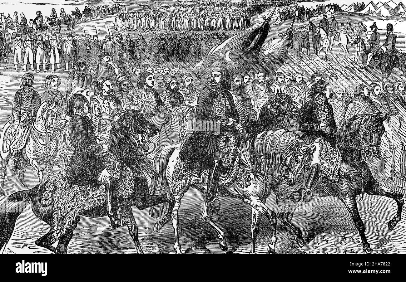 A late 19th Century illustration of Turkish troops on the march during the days of the Ottoman Empire that controlled much of Southeastern Europe, Western Asia, and Northern Africa between the 14th and early 20th centuries. Stock Photo