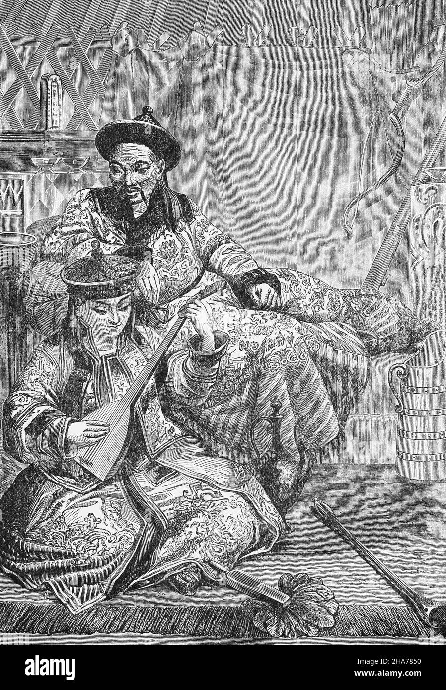 A late 19th Century illustration of a Tartar chief and his wife, playing a Balalaika. The Tartar people, are Turkic-speaking people that are mainly found in west-central Russia, with the largest group, the Volga Tatar who originated from the Volga region.  The name may have been coined in the 5th century by nomadic Mongolic-speakers in the Tatar confederation. The name was used to refer to the population of the former Golden Hordes in Europe such as the Crimean, Kazan, Siberian Khanates, and Astrakhan. Stock Photo