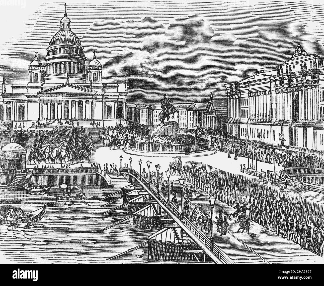 A late 19th Century illustration of a military parade in St Isaac's Place, in St Petersburgh, Russia. St. Isaac's Cathedral, built at the side of the Neva River between 1818 and 1858, by the French-born architect Auguste Montferrand,  was originally the city's main church and the largest cathedral in Russia. One hundred and eighty years later the gilded dome of St. Isaac's still dominates the skyline of St. Petersburg. Stock Photo