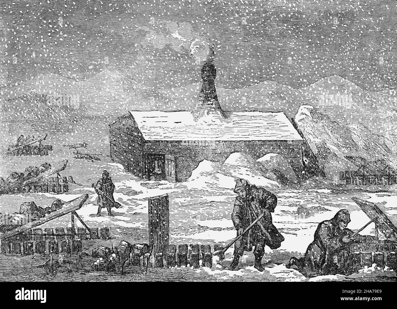 A late 19th Century illustration of a quintessential winter scene in Siberia, an extensive geographical region, from the Ural Mountains in the west to the Pacific Ocean in the east and part of Russia since the latter half of the 16th century, after the Russians conquered lands east of the Ural Mountains. Stock Photo