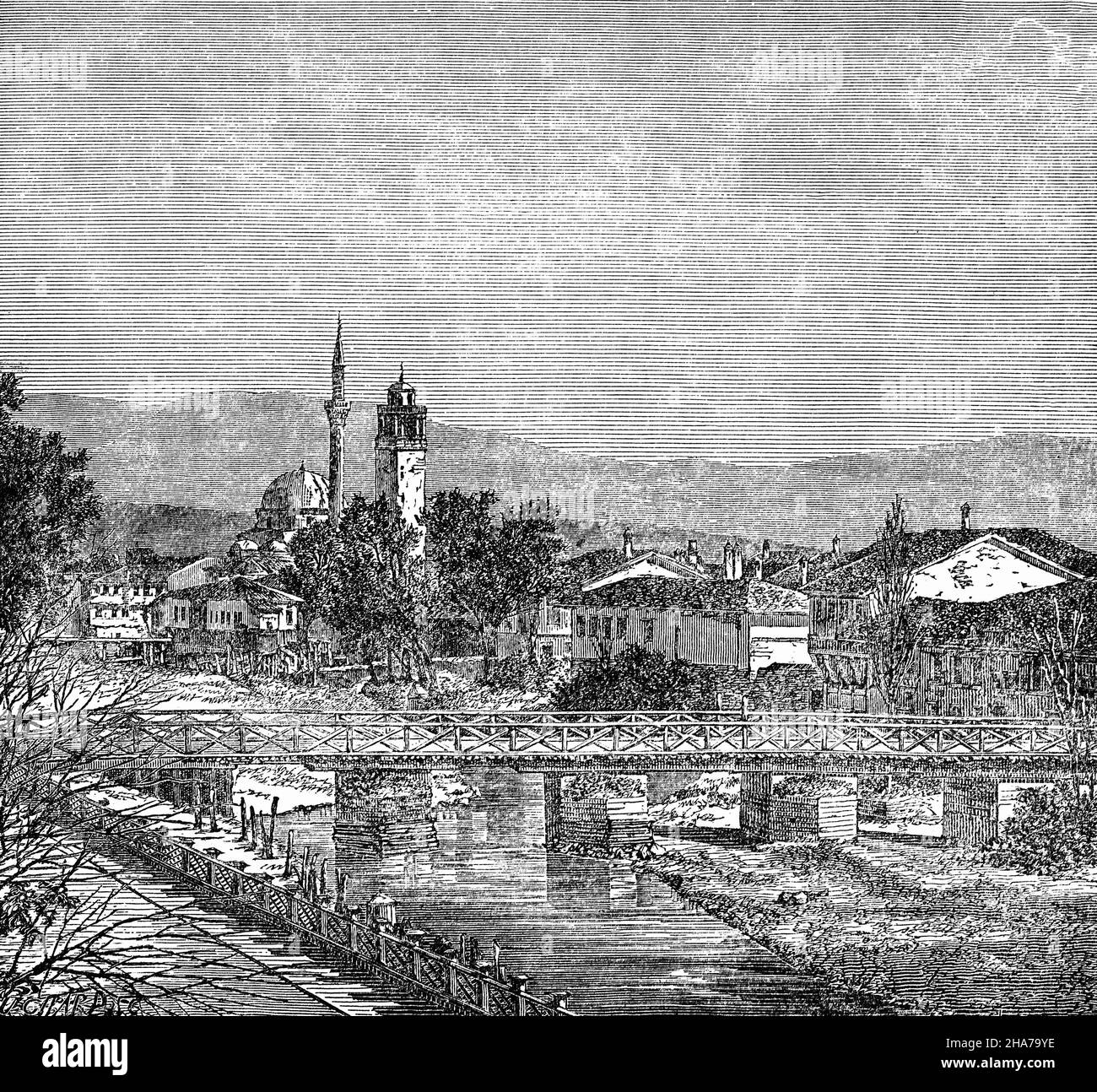 A late 19th Century illustration of The Dragor River as it flows through Bitola, known during the Ottoman Empire as Manastır or Monastir, is one of the oldest cities in North Macedonia and stands at an important junction connecting the south of the Adriatic Sea region with the Aegean Sea and Central Europe. An administrative, cultural, industrial, commercial, and educational centre the city with it's population of Greeks, Bulgarians and Muslims, was known since the Ottoman period as the 'City of Consuls', since many European countries had consulates in Bitola. Stock Photo