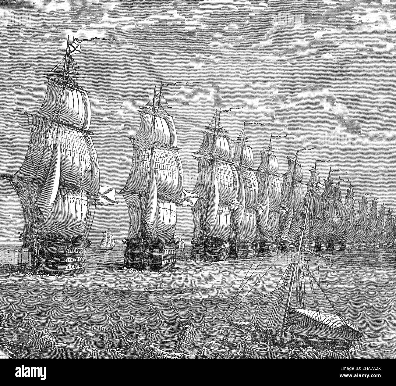 A late 19th Century illustration of the Russian fleet under full sail. The modern Russian Navy was created at the initiative of Peter the Great and expanded iunder Catherine the Great resulting in the establishment of the Black Sea Fleet, with its bases in Sevastopol (1783) and Kherson. It was at that time that Russian warships started to venture into the Mediterranean on a regular basis. Stock Photo