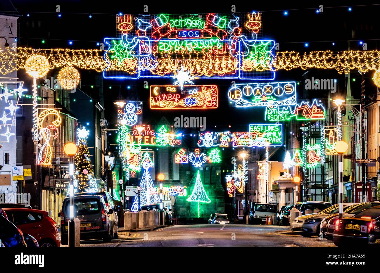 Christmas lights along the High Street in Dunbar, East Lothian. Picture